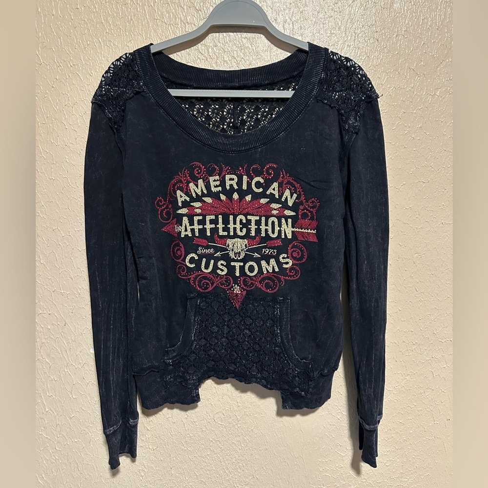 Affliction Shirt Long Sleeve Bedazzled Crochet Open Knit Size XS